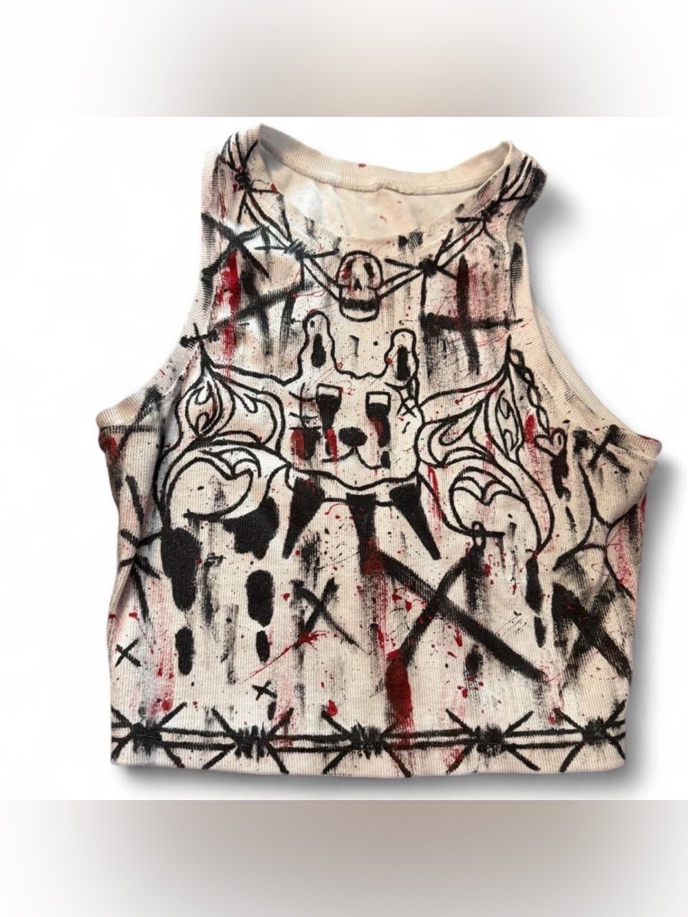 Graphic Sleeveless Tank Top in White with Black & Red Print